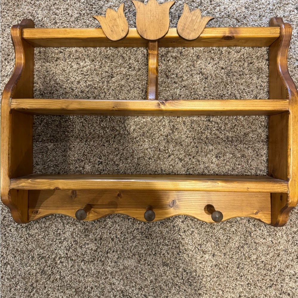 Rustic Wooden Wall Shelf Tulip Cutout Hooks Cottage Farmhouse 20” - Picture 2 of 8